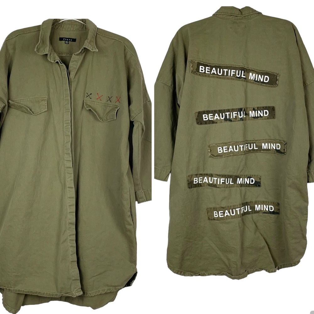 Fiore Long Button-Front Shirt Dress Back Patches Olive Green